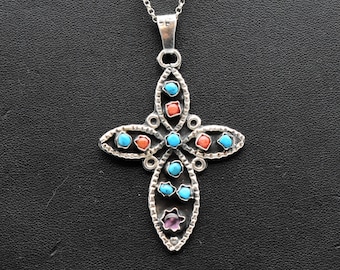 80's Taxco TY-70 cross pendant 925 silver turquoise carnelian amethyst sterling rolo chain necklace