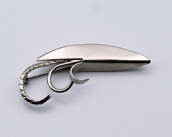 60's ROMA sterling fishing lure brooch, unusual Modernist satin & smooth 925 silver pin