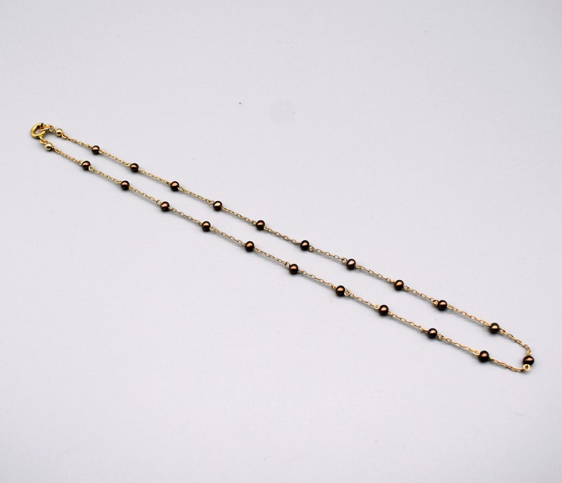 60's 14k GF metal & pearls choker, dainty dyed copper pearls gold filled paper clip chain necklace image 5
