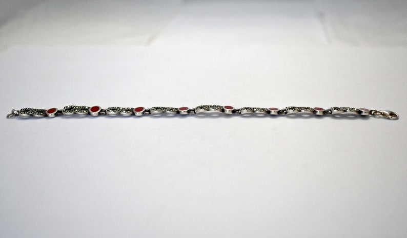 80's Art Deco sterling coral pyrite figure 8 bling bracelet, 925 silver marcasite infinity links image 8
