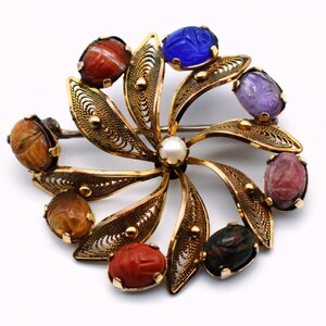 40's Egyptian Revival B-M Co gold filled pinwheel brooch, gemstone scarabs 12k GF filigree flower pin image 8