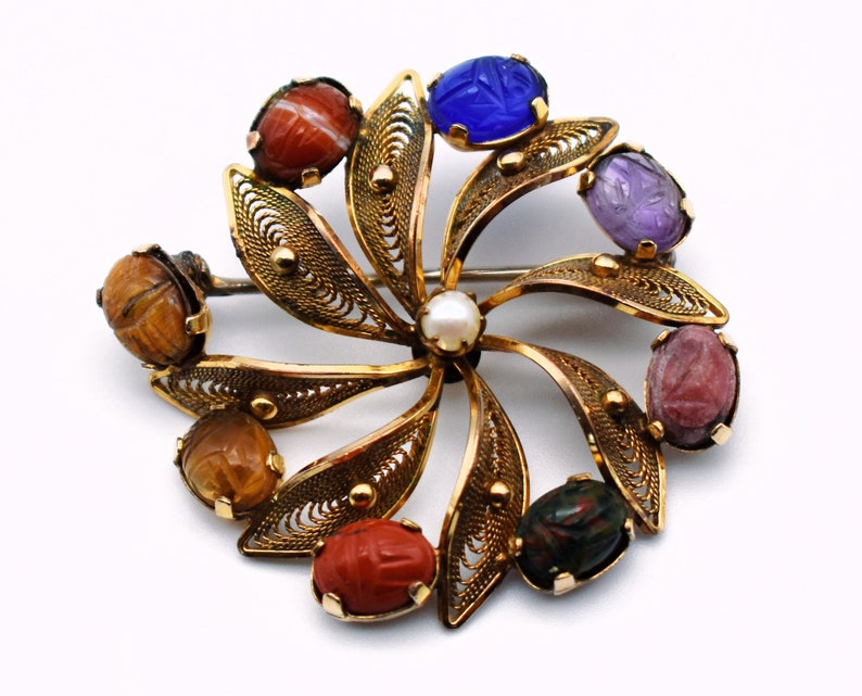 40's Egyptian Revival B-M Co gold filled pinwheel brooch, gemstone scarabs 12k GF filigree flower pin image 8