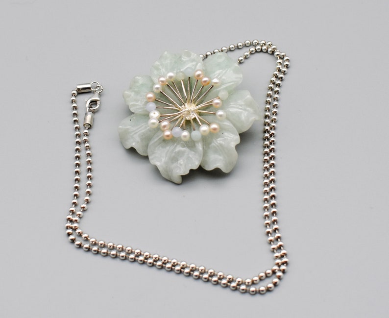 Vintage Whitney Kelly jade pearl sterling silver pendant brooch, big WK 925 China jadeite flower necklace image 2
