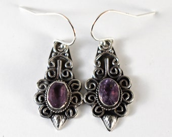 70's Renaissance style sterling amethyst floral dangles, ornate 925 silver hippie flower earrings