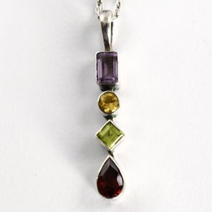 80's amethyst citrine peridot garnet sterling geometric pendant, 925 silver rectangle circle diamond teardrop gems necklace image 4