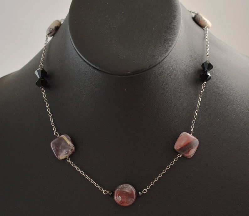 Mod 70's sterling rhodonite black crystal choker, edgy 925 silver bicones square & round discs necklace image 4