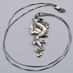 80's sterling winged dragon pendant, edgy 925 silver coatl box chain rocker necklace image 2