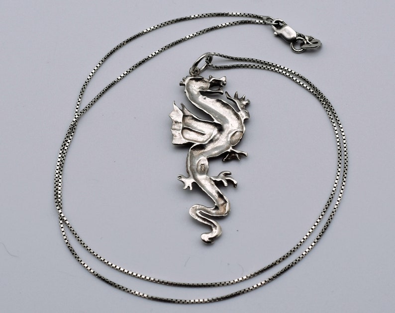 80's sterling winged dragon pendant, edgy 925 silver coatl box chain rocker necklace image 2