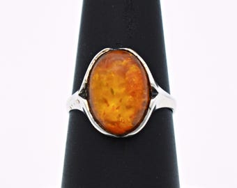 60s Modernist amber sterling size 6.5 solitaire, vintage mid-century oval 925 silver ring