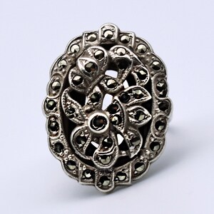 30's Art Deco cast sterling marcasite size 6.5 flower ring, ornate satin 925 silver pyrite oval ring image 9