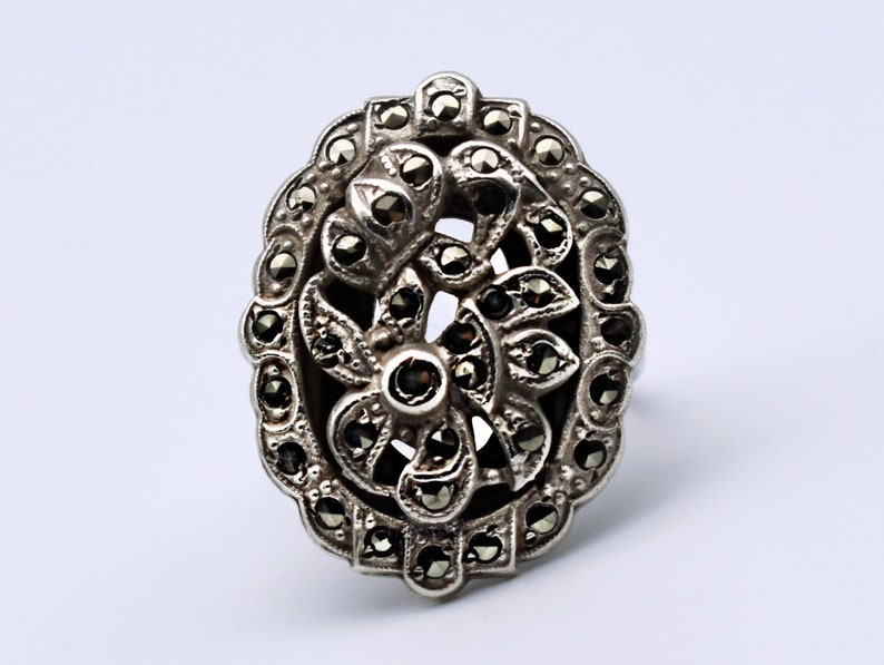 30's Art Deco cast sterling marcasite size 6.5 flower ring, ornate satin 925 silver pyrite oval ring image 9