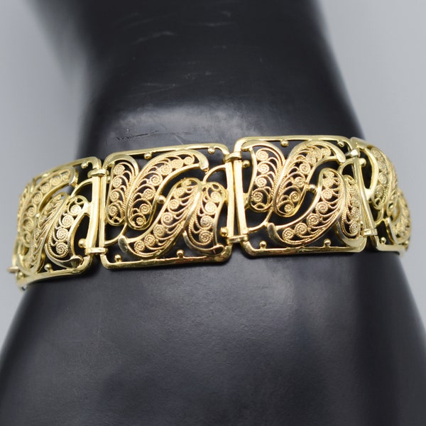 Willi Nonnenmann 50's sterling vermeil filigree panel bracelet, WN Germany gilded 925 silver cannetille ferns bracelet