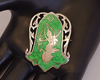 60's Siam sterling green nielloware Mekkala shield brooch, big 925 silver enamel lightning goddess flower pin