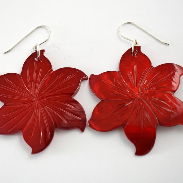 60's red MOP blister pearl hibiscus boho dangles, tropical dyed Mother of Pearl floral earrings