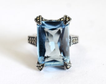 Art Deco 80's sterling marcasite blue topaz CZ size 6.25 cocktail ring, big cubic zirconia pyrite 925 silver statement