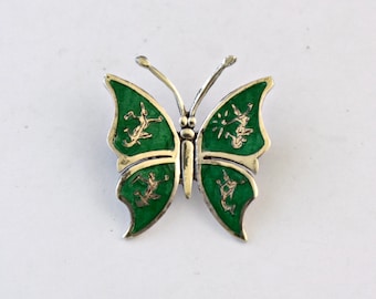 60&#39;s Siam sterling green nielloware whimsical butterfly pin, little 925 silver enamel Mekhala winged insect brooch