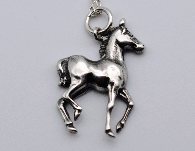 70's sterling prancing horse foal pendant, charming little 925 silver colt filly rolo chain necklace image 9