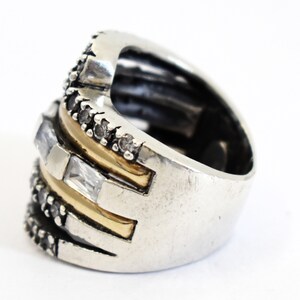 80's 18k PE 925 silver goshenite size 6.5 wide bling band, edgy sterling & yellow gold white beryl statement ring image 2