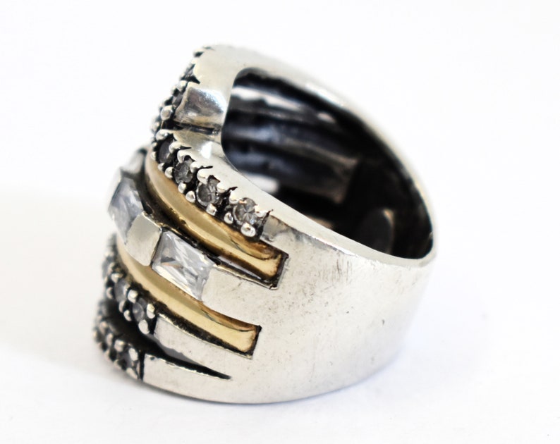 80's 18k PE 925 silver goshenite size 6.5 wide bling band, edgy sterling & yellow gold white beryl statement ring image 2