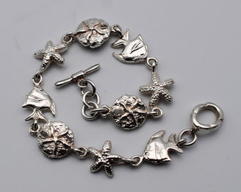 90's sterling angel fish star fish sand dollar bracelet, boho 925 silver ocean beach charm bracelet