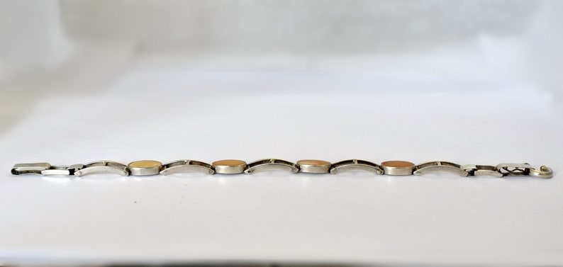 Edgy 60's sterling queen conch Modernist link bracelet, 925 silver bars & orange ovals stacker image 6