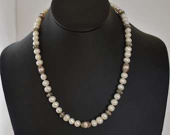 70's sterling pearls edgy elegant necklace, 925 silver pink & white pearls matinee length necklace