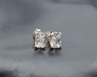 Dainty 80's sterling CZ classic bling studs, 925 silver clear rectangular cubic zirconia earrings