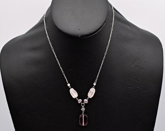Romantic 70's cats eye pearl rose quartz purple glass 925 sterling silver paper clip chain necklace