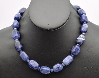 Chunky 80's sodalite bead & barrel 925 silver necklace, big funky sterling blue stones statement