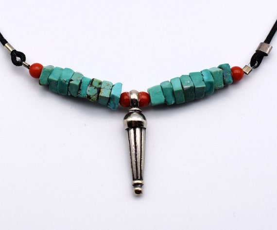 70's turquoise coral sterling leather rocker neck… - image 7