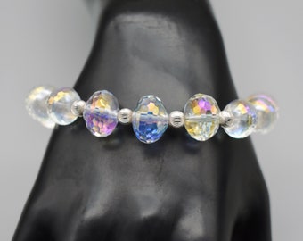 Fabulous 60's crystal 925 silver graduated bead bracelet, sterling & faceted AB glass statement