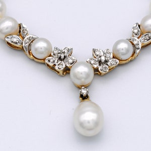 Classic 60's pearls diamonds 14k floral bib, elegant yellow gold & gemstones 17 Y necklace image 2