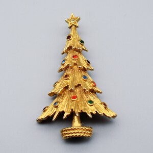 80's Monet gold tone rhinestones Xmas tree brooch, festive dimensional abstract Christmas holiday pin image 1