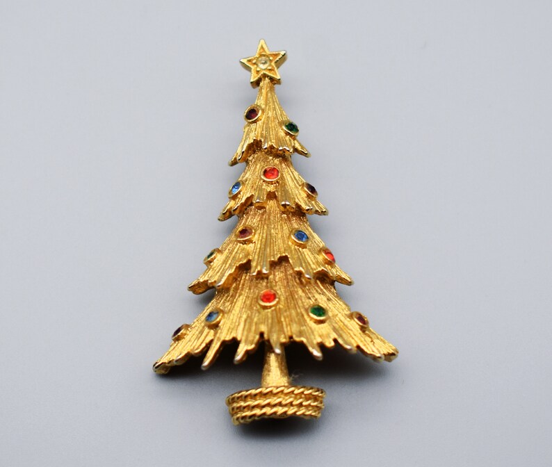 80's Monet gold tone rhinestones Xmas tree brooch, festive dimensional abstract Christmas holiday pin image 1