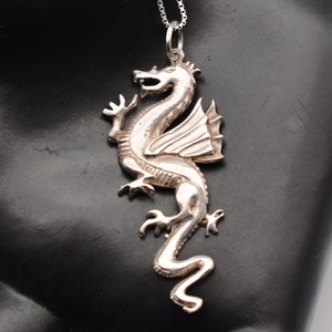 80's sterling winged dragon pendant, edgy 925 silver coatl box chain rocker necklace image 1