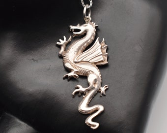 80's sterling winged dragon pendant, edgy 925 silver coatl box chain rocker necklace