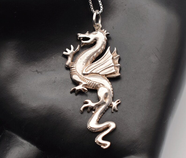 80's sterling winged dragon pendant, edgy 925 silver coatl box chain rocker necklace image 1