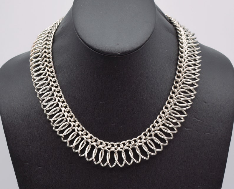 60's Egyptian Revival wide silver tone choker, abstract industrial curved metal statement necklace image 1