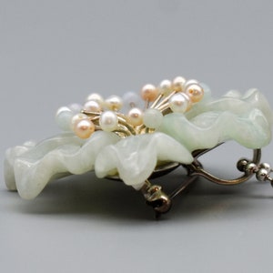 Vintage Whitney Kelly jade pearl sterling silver pendant brooch, big WK 925 China jadeite flower necklace image 6