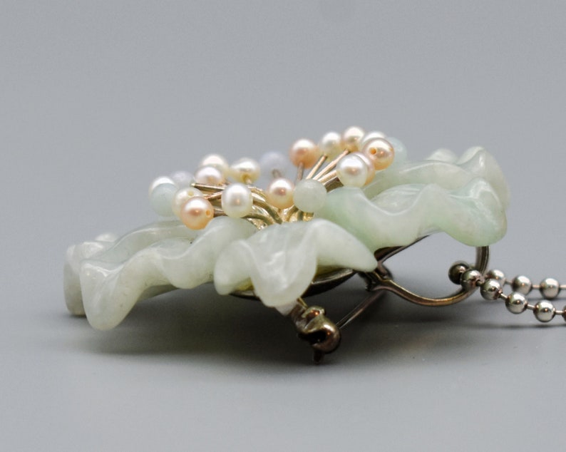 Vintage Whitney Kelly jade pearl sterling silver pendant brooch, big WK 925 China jadeite flower necklace image 6