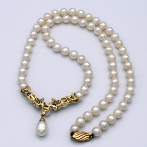 Classic 60's pearls diamonds 14k floral bib, elegant yellow gold & gemstones 17 Y necklace image 3