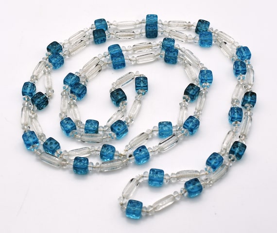 1920s Art Deco glass dice flapper necklace, long blue squares clear discs & rectangles chain