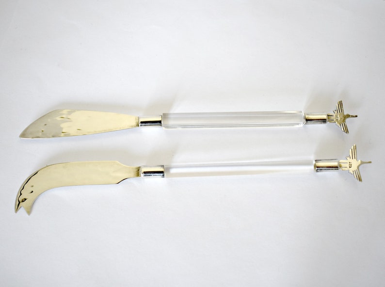 70's Dellapina sterling acrylic phoenix cheese knives, mod Peru 925 silver & clear lucite serving utensils image 2