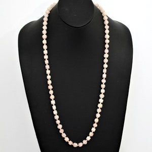 Art Deco 20's rose quartz flapper necklace, hand carved pink polyhedron & round beads opera length chain image 5