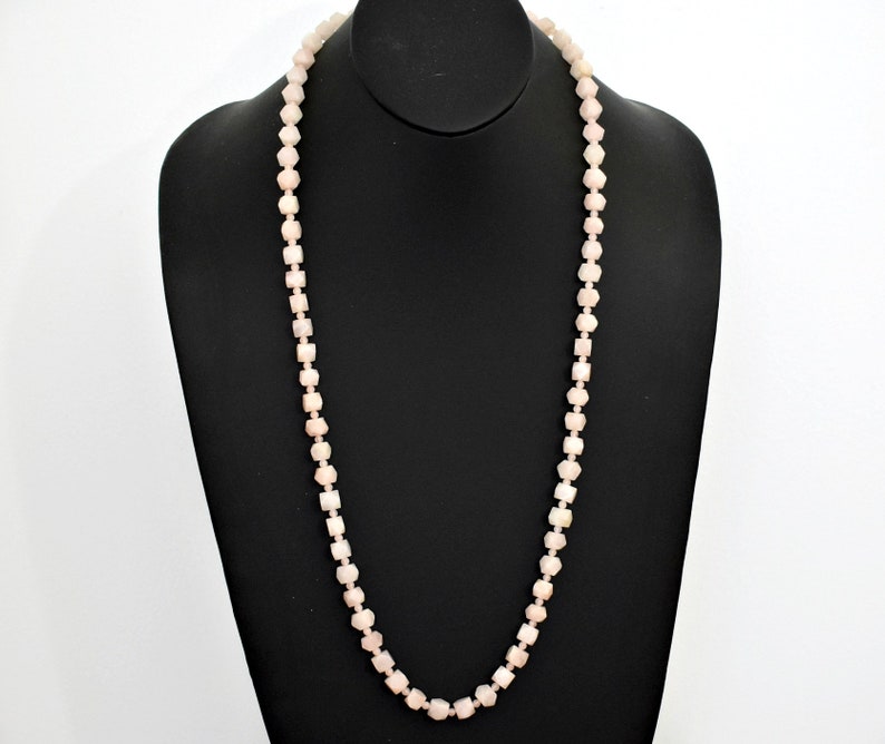 Art Deco 20's rose quartz flapper necklace, hand carved pink polyhedron & round beads opera length chain image 5