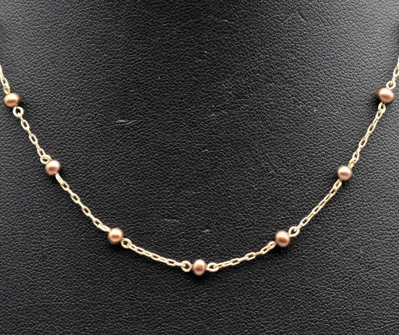60's 14k GF metal & pearls choker, dainty dyed copper pearls gold filled paper clip chain necklace image 8