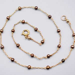 60's 14k GF metal & pearls choker, dainty dyed copper pearls gold filled paper clip chain necklace image 1