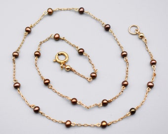60's 14k GF metal & pearls choker, dainty dyed copper pearls gold filled paper clip chain necklace