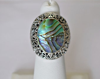 Ornate 80's sterling abalone size 5.25 statement ring, big blue green paua 925 silver boho solitaire