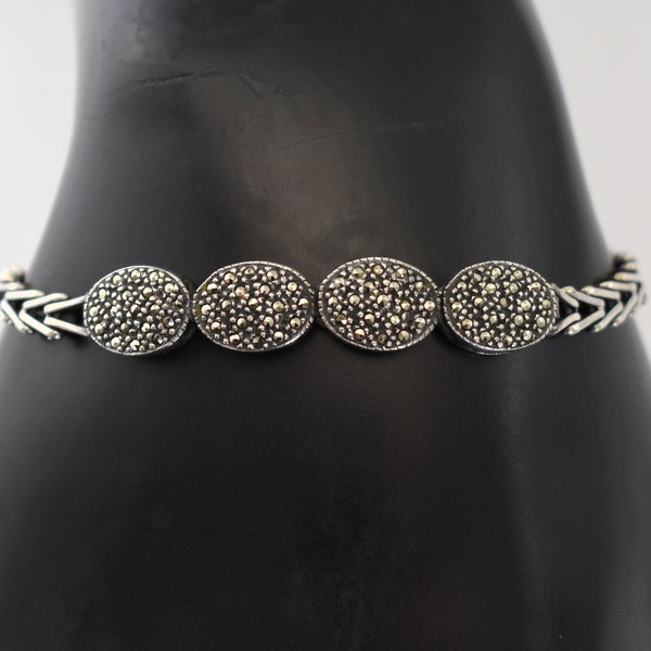 40's Art Deco sterling marcasite ovals chevron chain, edgy CP 925 silver pyrite geometric clasp bracelet